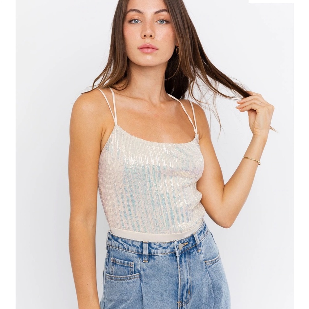Glitter Sequin Cream Strappy Bodysuit